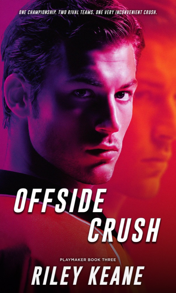Offside Crush cover — hockey player glancing over his shoulder in pink and orange light, tagline: One championship. Two rival teams. One very inconvenient crush.