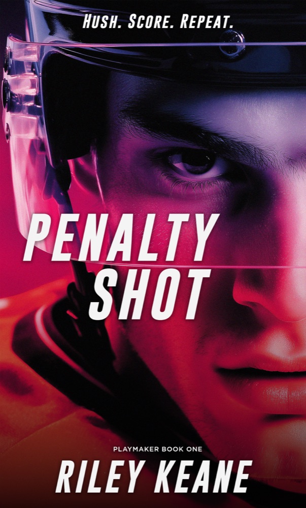 Penalty Shot cover — hockey player in a helmet lit in red and violet, tagline: Hush. Score. Repeat.
